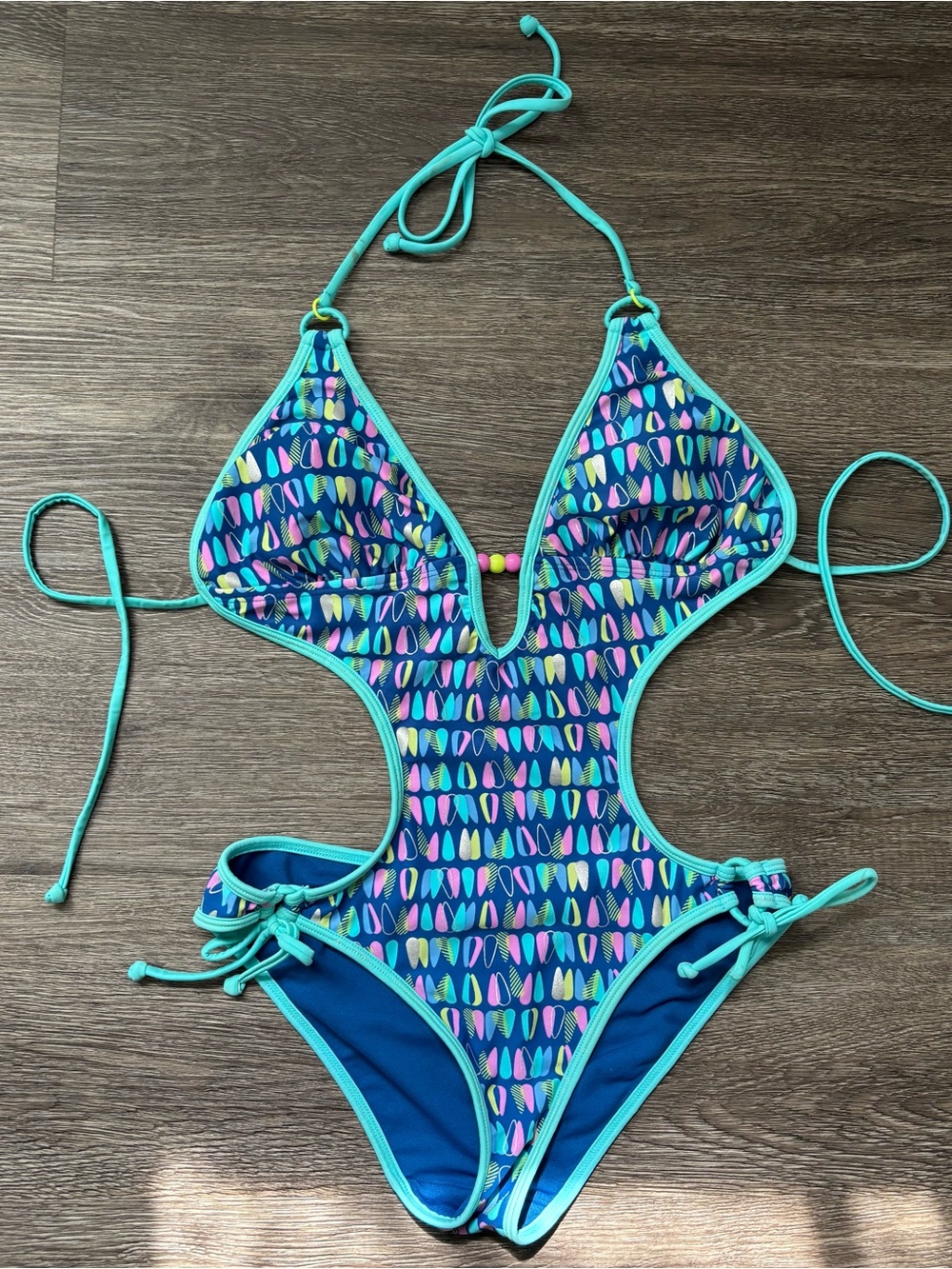 Women’s Teal Surf Print Cutout One-Piece Swimsuit